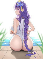 Rule 34 | 1girl, absurdres, ass, backlighting, bare shoulders, blunt bangs, blush, braid, breasts, clothes pull, fingernails, from behind, genshin impact, grass, hair ornament, highres, hongye feixue, large breasts, long fingernails, long hair, looking at viewer, looking back, low-braided long hair, low-tied long hair, one-piece swimsuit, one-piece swimsuit pull, partially submerged, poolside, purple eyes, purple hair, raiden shogun, seductive smile, simple background, sitting, skindentation, smile, solo, swimsuit, tassel, tassel hair ornament, wet, white background, white one-piece swimsuit, wide hips, zipper pull tab