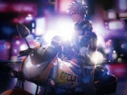 Rule 34 | 1boy, absurdres, alternate costume, bakugou katsuki, belt, belt pouch, biker clothes, black belt, black gloves, black pants, blonde hair, bloom, blurry, blurry background, bokeh, boku no hero academia, bright pupils, chinese commentary, city, closed mouth, commentary, cowboy shot, depth of field, double horizontal stripe, film grain, from side, gloves, helmet, highres, holding, holding helmet, jacket, juanchun818, lens flare, long sleeves, looking at viewer, looking to the side, male focus, motor vehicle, motorcycle, motorcycle helmet, night, outdoors, pants, pouch, profile, red eyes, shiny clothes, short hair, sideways glance, solo, spiked hair, straddling, v-shaped eyebrows, white pupils, zipper, zipper pull tab