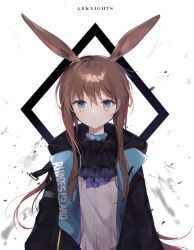 Rule 34 | 1girl, amiya (arknights), animal ear fluff, animal ears, arknights, ascot, black ascot, black jacket, brown hair, closed mouth, copyright name, grey eyes, hair between eyes, highres, jacket, long hair, looking at viewer, moffle (ayabi), open clothes, open jacket, ponytail, purple ascot, rabbit ears, shirt, sidelocks, solo, upper body, very long hair, white background, white shirt