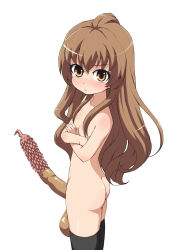 Rule 34 | 1girl, aisaka taiga, animal penis, ass, back, bad id, bad pixiv id, breasts, brown eyes, brown hair, censored, convenient censoring, crossed arms, ereraero, futanari, huge penis, long hair, looking at viewer, looking back, looking up, nude, penis, simple background, small breasts, solo, spiked penis, standing, testicles, thighhighs, toradora!, uncensored, white background