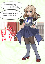 Rule 34 | 1girl, black pantyhose, blue dress, blue eyes, blue necktie, boots, breasts, cup, disposable cup, double bun, dress, gloves, hair bun, highres, holding, holding cup, kantai collection, knee boots, light brown hair, long hair, medium breasts, necktie, pantyhose, ranger (kancolle), short sleeves, solo, speech bubble, translation request, tsun&#039;ichi (tsun1), two-tone dress, white dress, white gloves