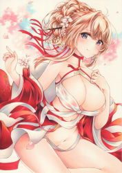 Rule 34 | 1girl, azur lane, bare shoulders, blonde hair, blue eyes, breasts, center opening, cleavage, dress, flower, glorious (azur lane), glorious (pungent plum) (azur lane), hair flower, hair ornament, hair stick, highres, kanzashi, large breasts, long dress, long hair, marker (medium), neckwear request, official alternate costume, open clothes, open dress, red dress, saya pr, solo, traditional media, wakamezake, white flower, wide sleeves