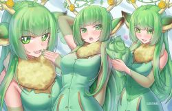 Rule 34 | 1girl, animal ear fluff, animal ears, antlers, bad id, bad pixiv id, breasts, commentary, detached sleeves, dress, english commentary, fang, flower, fur scarf, green dress, green sleeves, hand to own mouth, haruka karibu, heart, highres, holding, horns, hungrydurp, indie virtual youtuber, laughing, leaning back, medium breasts, moose girl, mouse ears, multiple views, rose, see-through, see-through sleeves, virtual youtuber, yellow flower, yellow rose