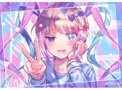 Rule 34 | 1girl, :d, aicedrop, ame-chan (needy girl overdose), blonde hair, blue eyes, blue hair, blue nails, blunt bangs, blush, bow, chouzetsusaikawa tenshi-chan, commentary request, hair bow, heart, looking at viewer, multicolored hair, multicolored nails, nail polish, needy girl overdose, open mouth, pill, pink hair, pink nails, pixelated, school uniform, serafuku, signature, smile, solo, twintails, uneven eyes, v