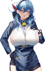 Rule 34 | 1girl, :o, absurdres, ako (blue archive), bell, blue archive, blue eyes, blue gloves, blue hair, blue hairband, blush, breasts, commentary request, garter straps, gloves, hair ornament, hairband, halo, hand on own hip, highres, large breasts, long sleeves, looking at viewer, medium hair, namazu (yamasonson), neck bell, open mouth, sideboob, simple background, solo, white background