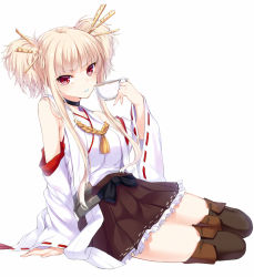 Rule 34 | 1girl, aoki hagane no arpeggio, arm support, bare shoulders, blonde hair, blue lips, blunt bangs, brown skirt, choker, cosplay, cup, detached sleeves, frilled skirt, frills, hair ornament, kantai collection, kongou (aoki hagane no arpeggio), kongou (kancolle), kongou (kancolle) (cosplay), lace, lace-trimmed legwear, lace trim, lipstick, looking at viewer, makeup, name connection, nontraditional miko, pleated skirt, red eyes, ribbon-trimmed sleeves, ribbon trim, sitting, skirt, solo, teacup, thighhighs, twintails, white background, yaguo, yokozuwari, zettai ryouiki