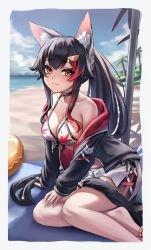Rule 34 | 1girl, :3, absurdres, animal ear fluff, animal ears, arm support, bare shoulders, belt collar, bikini, bikini under clothes, black hair, blush, breasts, cardigan, cleavage, collar, collarbone, crossed bangs, feet out of frame, highres, hololive, long hair, long sleeves, looking at viewer, off shoulder, ookami mio, ookami mio (hololive summer 2019), open cardigan, open clothes, orange eyes, outdoors, sitting, solo, swimsuit, thighs, very long hair, virtual youtuber, wszkii