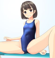 Rule 34 | 1girl, absurdres, bench, black hair, blue background, blue eyes, blue one-piece swimsuit, bob cut, breasts, clothes writing, competition swimsuit, covered navel, grin, highleg, highleg swimsuit, highres, logo, looking at viewer, mizuno (brand), mole, mole under eye, one-piece swimsuit, original, short hair, sitting, small breasts, smile, solo, spread legs, striped clothes, striped one-piece swimsuit, swimsuit, takafumi