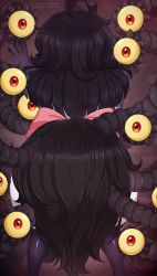 Rule 34 | 1girl, 2019, against wall, ahoge, artist name, bad id, bad pixiv id, bent over, black hair, bow, colored sclera, colored skin, commentary, english commentary, extra eyes, facing away, gazer (monster girl encyclopedia), highres, long hair, looking at viewer, merunyaa, monster girl, monster girl encyclopedia, patreon username, pink bow, pixiv username, protected link, red eyes, signature, solo, tail, tentacles, waist bow, watermark, white skin, yellow sclera