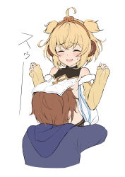 Rule 34 | 1boy, 1girl, ^ ^, andira (granblue fantasy), bare shoulders, blonde hair, blue hoodie, blush, breasts, brown hair, closed eyes, commentary request, cropped torso, detached sleeves, furrowed brow, gran (granblue fantasy), granblue fantasy, hands up, highres, hood, hoodie, hug, kimblee, open mouth, short hair, simple background, small breasts, smile, sound effects, sweatdrop, two side up, upper body, waist hug, white background
