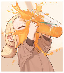 Rule 34 | 1girl, blonde hair, blurry, blurry background, brown shirt, child, closed eyes, commentary request, cup, depth of field, disposable cup, drinking glass, drinking straw, english text, holding, holding cup, juice, kozato (yu kozato), layered sleeves, long hair, long sleeves, low twintails, orange juice, original, shirt, short over long sleeves, short sleeves, solo, spill, twintails, upper body
