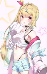 Rule 34 | 1girl, ahoge, bare shoulders, blonde hair, blue shorts, breasts, choker, commentary request, cowboy shot, crop top, front-tie top, hair ornament, hair ribbon, hanetakyo, highleg, highres, hoshikawa sara, hoshikawa sara (1st costume), jacket, long hair, long sleeves, looking at viewer, medium breasts, midriff, navel, nijisanji, off shoulder, open clothes, open jacket, red eyes, ribbon, shirt, short shorts, shorts, side ponytail, sleeveless, sleeveless shirt, sleeves past fingers, sleeves past wrists, solo, tongue, tongue out, very long hair, virtual youtuber, white jacket, white shirt, x hair ornament