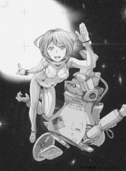 Rule 34 | 1girl, :d, armor, bad id, bad pixiv id, floating, food, galaxy, greyscale, maschinen krieger, mechanical arms, monochrome, open mouth, original, pizza, pizza box, pizza delivery, power armor, power suit, robot, safs space type fireball, science fiction, single mechanical arm, smile, solo, space, spacesuit, star (sky), star (symbol), sun, tarou2, zero gravity