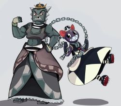 Rule 34 | 2girls, abs, artist name, bandaid, bandaid on face, bandaid on nose, bare shoulders, black dress, black eyes, black footwear, black gloves, blush, bow, chain, chain chomp, chain leash, clenched hands, clenched teeth, collar, colored skin, crop top, crown, dress, female focus, fingerless gloves, flat chest, flexing, gloves, grey background, grey shirt, grey skin, grey skirt, grin, hair bow, hand on own hip, happy, highres, jump rope, jumping, leash, light blush, little grey wolf, lock, looking at another, looking to the side, mario (series), midriff, missing tooth, multiple girls, muscular, muscular female, navel, new super mario bros. u deluxe, nintendo, personification, red bow, red eyes, sharp teeth, shirt, shoes, signature, simple background, skirt, sleeveless, sleeveless dress, sleeveless shirt, smile, socks, striped clothes, striped legwear, striped socks, super crown, teeth, thwomp