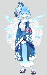 Rule 34 | 1girl, alternate costume, armband, blue eyes, blue hair, blue kimono, cirno, closed mouth, flower, full body, grey background, hair flower, hair ornament, highres, ice, ice wings, japanese clothes, kimono, long sleeves, looking at viewer, nikorashi-ka, obi, pointy ears, sandals, sash, scarf, short hair, simple background, solo, standing, tabi, touhou, wide sleeves, wings, zouri