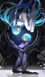 Rule 34 | 2girls, ayanami rei, blue hair, breasts, clone, closed eyes, evangelion: 3.0+1.0 thrice upon a time, full body, hair between eyes, long hair, looking at another, multiple girls, neon genesis evangelion, plugsuit, rebuild of evangelion, red eyes, short hair