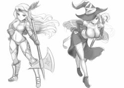 Rule 34 | 2girls, amazon (dragon&#039;s crown), axe, bikini, breasts, circlet, cleavage, dragon&#039;s crown, dress, elbow gloves, gloves, greyscale, halberd, hand on own hip, hat, huge breasts, large breasts, leaning forward, legs, long hair, miyuki rei, monochrome, multiple girls, polearm, side slit, sketch, sorceress (dragon&#039;s crown), staff, strapless, strapless dress, swimsuit, thighs, vanillaware, weapon, witch hat