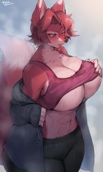 Rule 34 | 1girl, abs, animal ears, blush, breasts, cleavage, commission, fang, fox ears, fox girl, fox tail, furry, furry female, highres, huge breasts, navel, open mouth, original, pants, red eyes, red hair, red tank top, short hair, skeb commission, snout, solo, suurin (ksyaro), sweat, tail, tank top, toned, underboob, wide hips, yoga pants