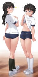 Rule 34 | 2girls, ?, androgynous, black hair, blue buruma, blue eyes, braid, buruma, clothes lift, clothes pull, dd (ijigendd), glasses, gym shirt, hand on own chest, highres, looking at another, looking at viewer, multiple girls, original, pixie cut, reverse trap, shirt, shirt lift, short hair, sports bra, sweatdrop, tomboy, twin braids, wiping sweat