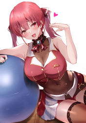 Rule 34 | 1girl, :d, akazawa kureha, ascot, blush, breasts, brown thighhighs, cleavage, commentary request, covered navel, hair ribbon, heart, highres, hololive, houshou marine, large breasts, looking at viewer, open mouth, red ascot, red eyes, red hair, red skirt, ribbon, see-through, see-through cleavage, short hair, simple background, skirt, smile, solo, thighhighs, thighs, twintails, two-tone skirt, virtual youtuber, white background, white skirt, yellow eyes