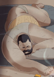 Rule 34 | 1boy, absurdres, arm hair, ass hair, ass peek, back hair, bara, black hair, butt crack, cigarette, clothes lift, doburoku (fzfngarvubqpamf), from above, full body, hairy, highres, holding, holding cigarette, leg hair, light frown, looking to the side, lying, male focus, male underwear, male underwear pull, muscular, muscular male, mustache, old, old man, on stomach, original, perspective, receding hairline, shirt lift, short hair, smoke, solo, tank top, thick eyebrows, thick mustache, underwear, white tank top, wrinkled skin