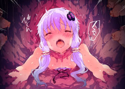 Rule 34 | 1girl, bare shoulders, blush, breasts, breath, clothes pull, dress, dress pull, closed eyes, hair ornament, low twintails, nipples, no bra, open mouth, petenshi (dr. vermilion), purple hair, restrained, saliva, short hair with long locks, small breasts, solo, stationary restraints, sweat, tears, tentacles, through wall, trembling, twintails, vocaloid, voiceroid, yuzuki yukari