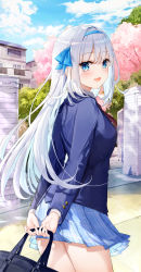 Rule 34 | 1girl, :d, arms behind back, bag, blazer, blue eyes, blue jacket, blue ribbon, blue skirt, blush, building, cherry blossoms, cloud, flower, fuumi (radial engine), hair ribbon, headband, holding, holding bag, jacket, long hair, long sleeves, looking at viewer, looking back, necktie, open mouth, original, outdoors, pink flower, plaid, plaid skirt, red necktie, ribbon, road, school bag, school uniform, skirt, sky, smile, solo, standing, street, tree, wall, white hair