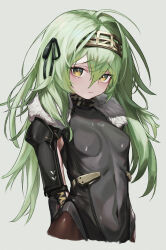 Rule 34 | 1girl, arms behind back, black bodysuit, black ribbon, bodysuit, breasts, fur collar, goddess of victory: nikke, green hair, hair ribbon, hairband, kilo (nikke), lechiennoir, long hair, long sleeves, looking at viewer, ribbon, simple background, skin tight, small breasts, solo, yellow eyes