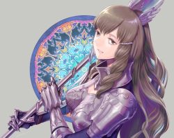 Rule 34 | 1girl, amatari sukuzakki, armor, brown eyes, brown hair, fire emblem, fire emblem awakening, gloves, hair ornament, long hair, looking at viewer, nintendo, open mouth, simple background, smile, solo, sumia (fire emblem), thighhighs, weapon