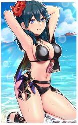 Rule 34 | 1girl, absurdres, armpits, arms behind head, arms up, artist name, bare shoulders, beach, bikini, black bikini, black cape, black footwear, blue eyes, blue hair, blue sky, breasts, byleth (female) (fire emblem), byleth (female) (summer) (fire emblem), byleth (fire emblem), cape, cleavage, cloud, commentary, dagger, day, diffraction spikes, fire emblem, fire emblem: three houses, fire emblem heroes, flower, hair between eyes, hair flower, hair ornament, highres, horizon, kneeling, knife, large breasts, lens flare, light blush, long hair, looking at viewer, midriff, navel, nintendo, ocean, official alternate costume, outdoors, parted lips, sandals, sarukaiwolf, sidelocks, sky, smile, solo, sparkle, sunlight, swimsuit, weapon, wet