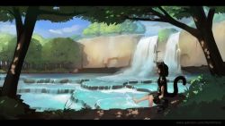 Rule 34 | 1girl, animal ears, barefoot, black hair, cat ears, cat tail, day, forest, nature, original, outdoors, paintrfiend, patreon username, pleated skirt, shoes, unworn shoes, short hair, sitting, skirt, smile, solo, splashing, tail, tree, water, waterfall, watermark, web address, yellow eyes