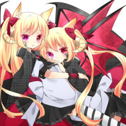 Rule 34 | 2girls, animal ears, apron, bad id, bad pixiv id, bat wings, blonde hair, bow, colored eyelashes, fox ears, hair bow, horns, hug, long hair, looking at viewer, multiple girls, official art, otome tensei grimoire den, pink eyes, striped clothes, striped legwear, striped thighhighs, thighhighs, toma tokage, twintails, very long hair, wings