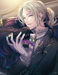 Rule 34 | 1boy, amg (nwmnmllf), black jacket, blonde hair, blue eyes, fate/grand order, fate (series), gloves, grin, indoors, jacket, jewelry, long hair, long sleeves, looking at viewer, male focus, parted lips, ponytail, shirt, signature, smile, solo, white gloves, white shirt, wolf, wolfgang amadeus mozart (fate), wolfgang amadeus mozart (formal dress) (fate)