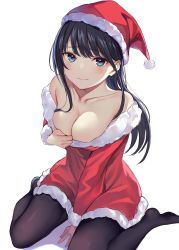 Rule 34 | 1girl, black hair, black pantyhose, blue eyes, breasts, character request, cleavage, collarbone, commentary, copyright request, dress, fur-trimmed dress, fur-trimmed headwear, fur trim, hat, highres, long hair, looking at viewer, medium breasts, nagiha kuten, off-shoulder dress, off shoulder, pantyhose, red dress, red hat, santa costume, santa hat, simple background, sitting, solo, wariza, white background