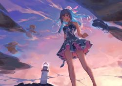 Rule 34 | 1girl, bare shoulders, blue dress, blue eyes, blue hair, blush, breasts, detached collar, dress, from below, hair between eyes, haiyi, high heels, holding, holding shoes, jellyfish, lighthouse, long hair, looking at viewer, medium breasts, open mouth, outdoors, shoes, unworn shoes, solo, sparrow (xici9527), strapless, strapless dress, sunset, vocaloid