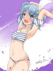 Rule 34 | 1girl, armband, arms up, ball, beachball, bikini, blue eyes, blue hair, commentary request, cowboy shot, double bun, fang, gakky, hair bun, hair ornament, kantai collection, official alternate costume, one-hour drawing challenge, samuel b. roberts (kancolle), short hair, solo, splashing, striped bikini, striped clothes, swimsuit, water