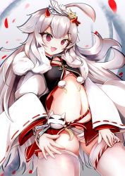 Rule 34 | 1girl, azur lane, belly, commentary request, hair ornament, hibiki (azur lane), highres, horns, japanese clothes, long hair, long sleeves, navel, oni horns, open mouth, petals, red eyes, sarashi, shrogane, silver hair, solo, thighhighs, white thighhighs