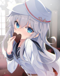 Rule 34 | 1girl, absurdres, black sailor collar, blue eyes, blush, buttons, candy, chocolate, chocolate heart, fathom, food, hair between eyes, hammer and sickle, hat, heart, hibiki (kancolle), highres, holding, holding chocolate, holding food, kantai collection, long hair, long sleeves, looking at viewer, sailor collar, sailor shirt, shirt, silver hair, solo, upper body, verniy (kancolle), white hat, white shirt