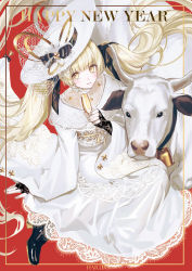 Rule 34 | 1girl, animal, artist name, bell, black footwear, black gloves, blonde hair, boots, champagne flute, chinese zodiac, closed mouth, commentary request, cow, cup, dress, drinking glass, fingerless gloves, gloves, happy new year, haruri, hat, high heel boots, high heels, highres, holding, holding cup, long hair, long sleeves, looking at viewer, new year, original, red background, smile, solo, tilted headwear, twintails, very long hair, white dress, white hat, wide sleeves, year of the ox, yellow eyes