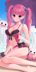 Rule 34 | 1girl, absurdres, arm support, ass, bikini, black eyes, blue sky, breasts, cleavage, collarbone, day, devil fruit, drill hair, expressionless, ghost, highres, holding, holding umbrella, horo horo no mi, long hair, looking at viewer, medium breasts, navel, no pupils, ocean, one piece, outdoors, perona, pink bikini, pink hair, pink umbrella, scrunchie, sitting, sky, solo, swimsuit, takio (kani sama), twintails, umbrella, very long hair, wrist scrunchie, yokozuwari