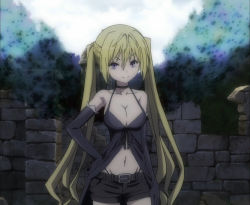 Rule 34 | 10s, 1girl, bare shoulders, blonde hair, breasts, cleavage, gloves, hands on own hips, large breasts, lieselotte sherlock, long hair, looking at viewer, navel, purple eyes, screencap, shorts, smile, solo, trinity seven, twintails, very long hair
