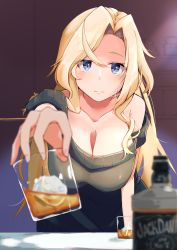 Rule 34 | 1girl, alcohol, alternate costume, blonde hair, blue eyes, blurry, blush, bottle, breasts, closed mouth, collarbone, cup, depth of field, drinking glass, grey sweater, hair intakes, highres, holding, holding cup, hornet (kancolle), ice, kantai collection, komb, large breasts, long hair, off-shoulder sweater, off shoulder, reaching, reaching towards viewer, short sleeves, smile, solo, sweater