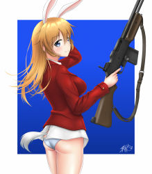 Rule 34 | 1girl, animal ears, ass, automatic rifle, blonde hair, blue background, blue eyes, blush, border, breasts, charlotte e. yeager, closed mouth, gun, gun sling, highres, jacket, large breasts, long hair, looking at viewer, looking back, m1918 bar, machine gun, no pants, orange hair, panties, rabbit ears, rabbit girl, rabbit tail, red jacket, rifle, satukiookami, shiny skin, simple background, smile, solo, standing, strike witches, tail, underwear, weapon, white border, white panties, world witches series