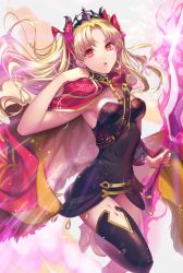 Rule 34 | 1girl, black leotard, blonde hair, breasts, cape, earrings, ereshkigal (fate), fate/grand order, fate (series), hair ribbon, holding, holding weapon, jewelry, leotard, long hair, looking at viewer, matsurika youko, medium breasts, parted bangs, red cape, red eyes, red ribbon, ribbon, simple background, solo, tiara, tohsaka rin, weapon