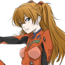 Rule 34 | 1girl, artist name, bambi surprise, blue eyes, breasts, brown hair, from side, interface headset, light smile, neon genesis evangelion, parted lips, plugsuit, signature, simple background, small breasts, solo, souryuu asuka langley, tight clothes, two side up, upper body, white background