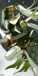 Rule 34 | 1girl, armband, black hat, black shirt, black shorts, boots, closed mouth, commentary request, creatures (company), fighting miku (project voltage), food, game freak, gloves, green eyes, green hair, hair between eyes, haruri, hat, hatsune miku, highres, holding, holding food, long hair, long sleeves, mouth hold, multicolored hair, nintendo, orange hair, pokemon, project voltage, safety pin, shirt, short shorts, shorts, solo, spring onion, stalk in mouth, streaked hair, thigh boots, twintails, very long hair, visor cap, vocaloid, white footwear, white gloves, white hair