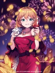 Rule 34 | 1girl, aerial fireworks, ahoge, alcohol, bare shoulders, blush, breasts, brown hair, building, character request, cityscape, cleavage, coin, commentary request, cup, dress, drinking glass, eyebrows hidden by hair, fireworks, green eyes, hair between eyes, highres, holding, holding cup, jewelry, lim jaejin, medium breasts, necklace, night, night sky, off-shoulder dress, off shoulder, official art, outdoors, parted lips, red dress, ring, short hair, sky, skyscraper, solo, soulworker, watermark, wine, wine glass