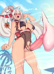 Rule 34 | 1futa, absurdres, asymmetrical horns, azur lane, black nails, blue sky, braid, breasts, bursting breasts, closed eyes, condom, condom on penis, covered navel, day, deumosden, earrings, erection, excessive cum, feet out of frame, futanari, grey hair, hair on horn, hakuryuu (azur lane), hand up, high ponytail, highres, horns, huge penis, jewelry, large breasts, long hair, mismatched horns, open mouth, penis, red horns, skindentation, sky, solo, standing, teeth, torn clothes, trembling, uncensored, used condom, used condom on penis