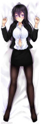Rule 34 | 1girl, absurdres, ahoge, bad id, bad pixiv id, bed sheet, beifeng han, black hair, black pantyhose, breasts, dakimakura (medium), dress shirt, female focus, formal, full body, glowing, highres, large breasts, long sleeves, looking at viewer, lying, miyaura sanshio, navel, no shoes, office lady, on back, open clothes, open shirt, original, pantyhose, pencil skirt, purple eyes, sheet grab, shirt, skirt, skirt suit, solo, suit, unbuttoned, uniform