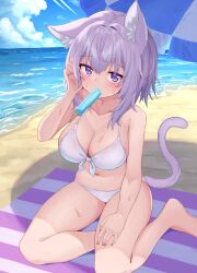 Rule 34 | 1girl, absurdres, animal ear fluff, animal ears, beach, beach towel, bikini, breasts, cat ears, cat tail, cloud, collarbone, commentary request, food, front-tie bikini top, front-tie top, highres, hololive, kajitsu no hito, looking at viewer, medium breasts, medium hair, navel, nekomata okayu, ocean, pink hair, pink tail, popsicle, sand, sidelocks, sitting, sky, solo, sweat, swimsuit, tail, towel, twintails, umbrella, virtual youtuber, water, white bikini, yokozuwari